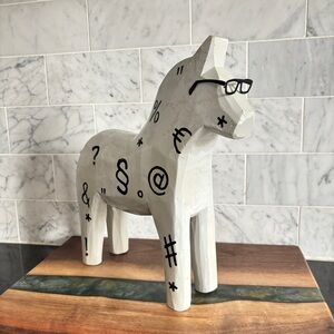 Vintage IKEA Finansiell Large 10.5” Wood Graffiti Style Dala Horse with Glasses